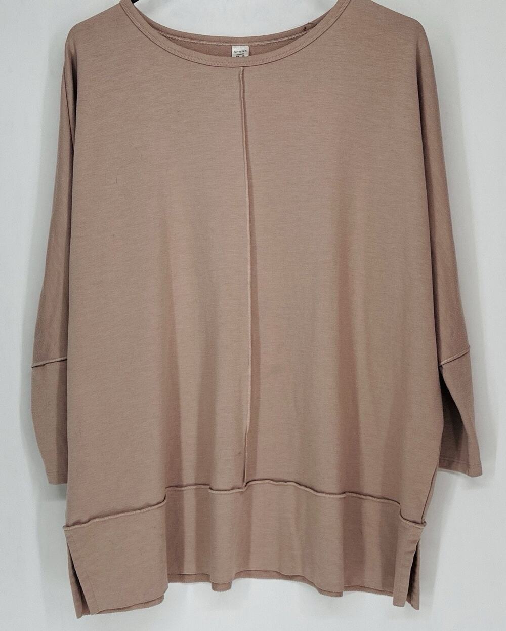 Spanx Sweatshirt Womens M Beige Brushed Oversized Comfort V Neck Tunic Stretch